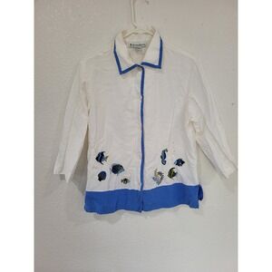 Dressbarn Womens White Blue Embroidered Fish Seascape Button Down Shirt #9‎